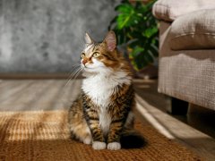 Fluffy siberian cat sitting on the jute wicker rug.